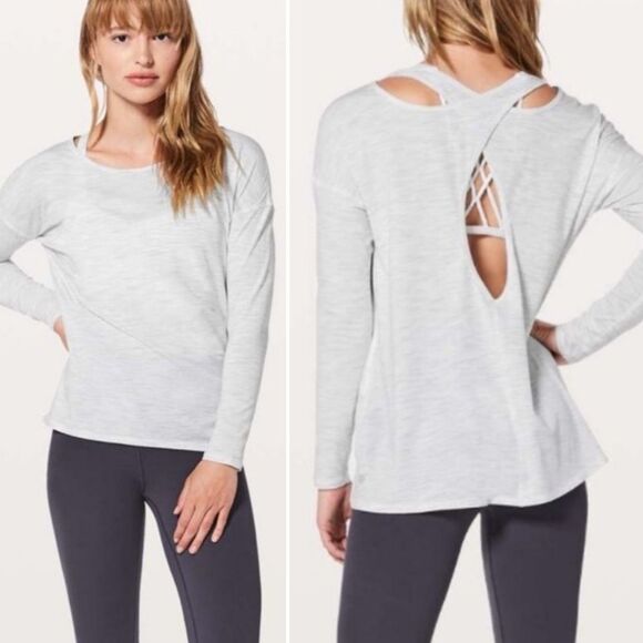 EUC Lululemon Back Into It Long Sleeve Open Strappy Back White Grey S/M Size 6 - Picture 1 of 16